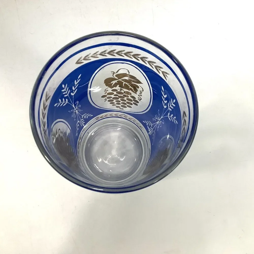 Vtg Mid Century Cobalt Blue Wheat Gold Grapes‎ Glass Drinking Tumbler 2.5